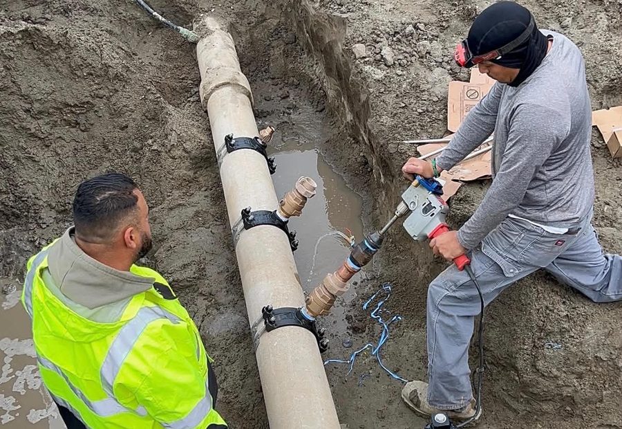 Crew installing a fire service valve assembly on a water main