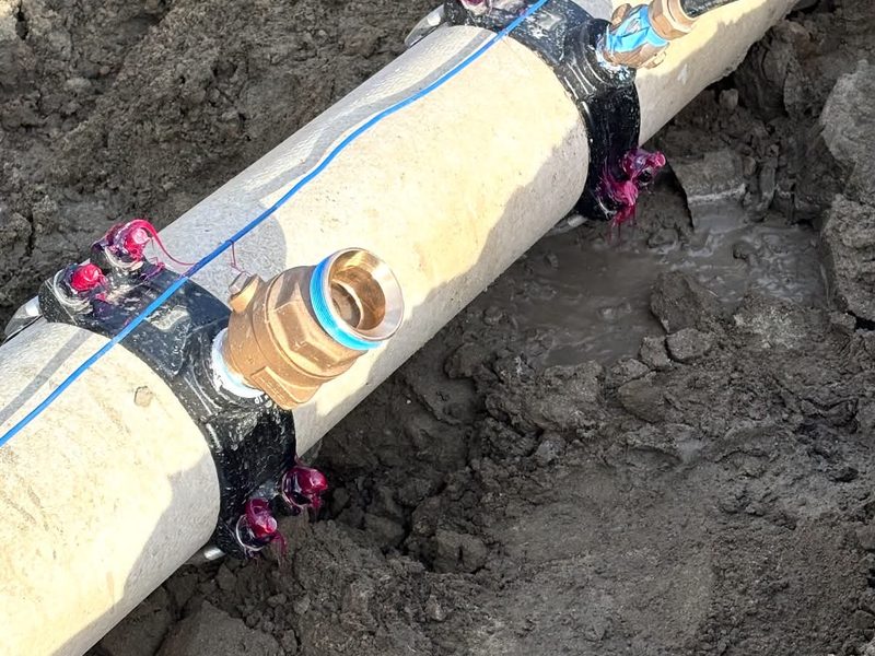 Water main with joint restraints and tracer wire installed